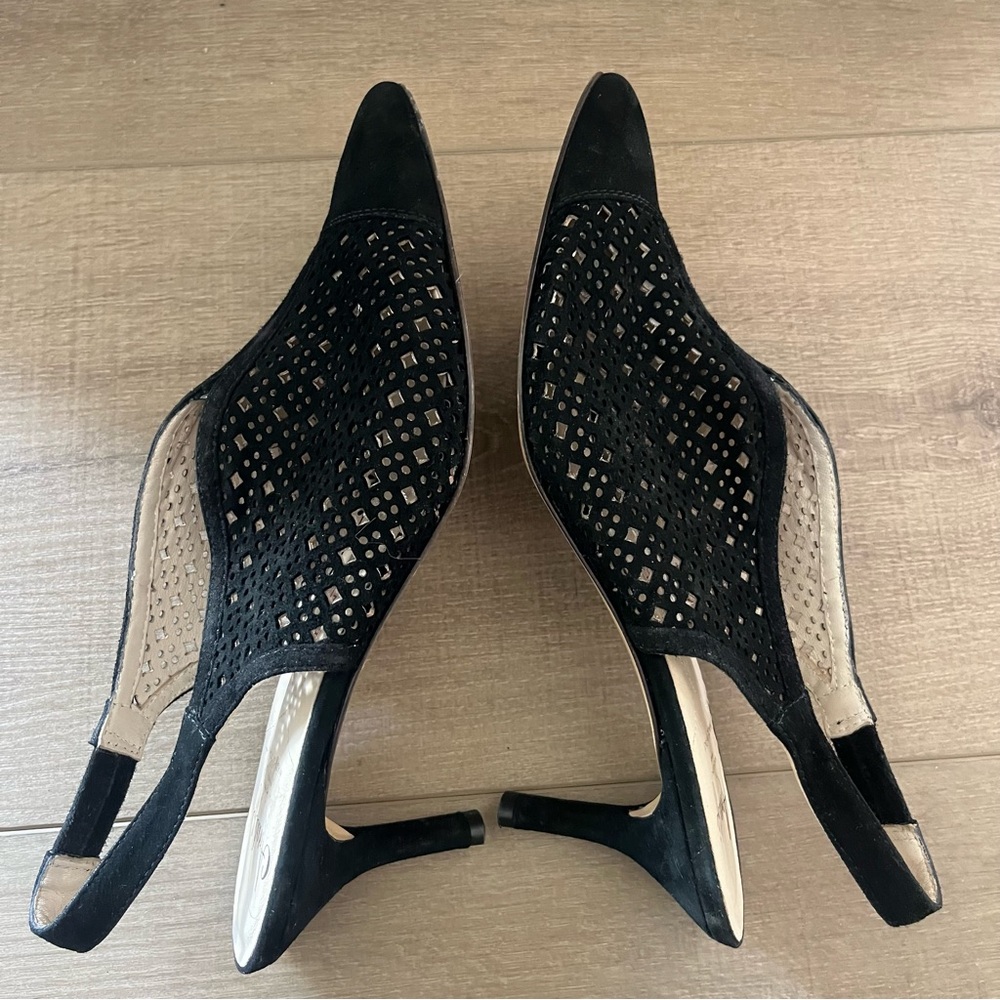 Amalfi by Rangoni Italy Black Leather Women 9N Platoon Sling backs Pumps 3” Heel - Picture 13 of 13